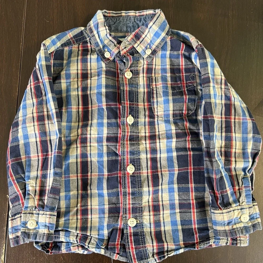 OshKosh B'gosh Toddler Boys Plaid Button Shirt 24M Red Blue‎ Long Sleeve EUC